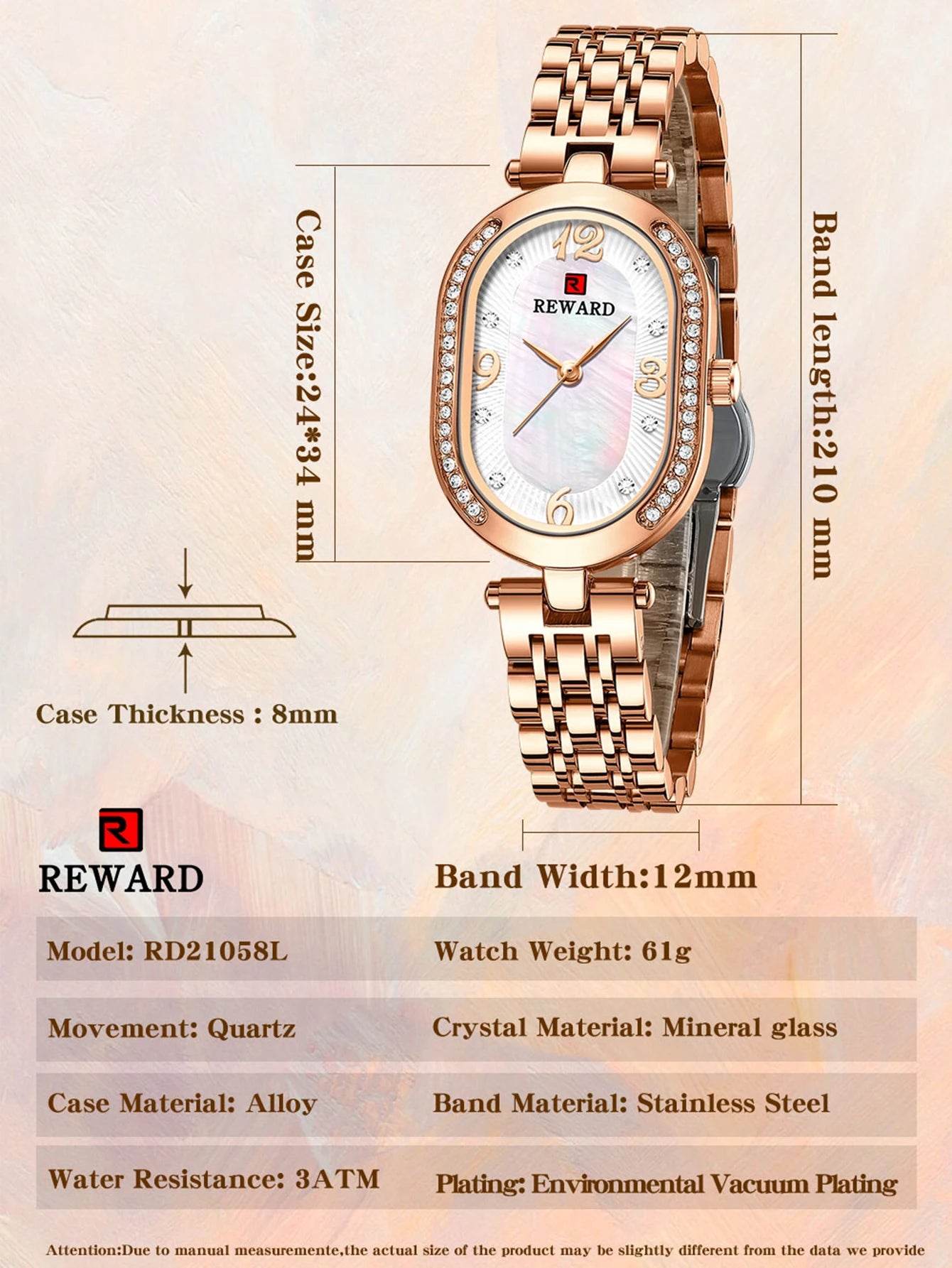 REWARD Relógio Feminino Quartzo RD21058L - Luxo e Sofisticação 24mm