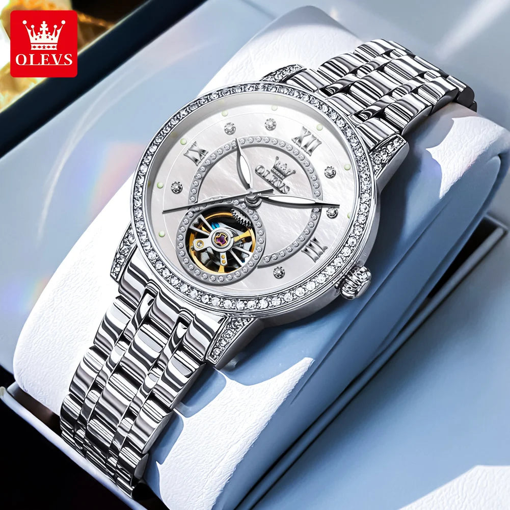 Relógio Feminino OLEVS 7036 Luxo com Diamantes e Esqueleto Mecânico