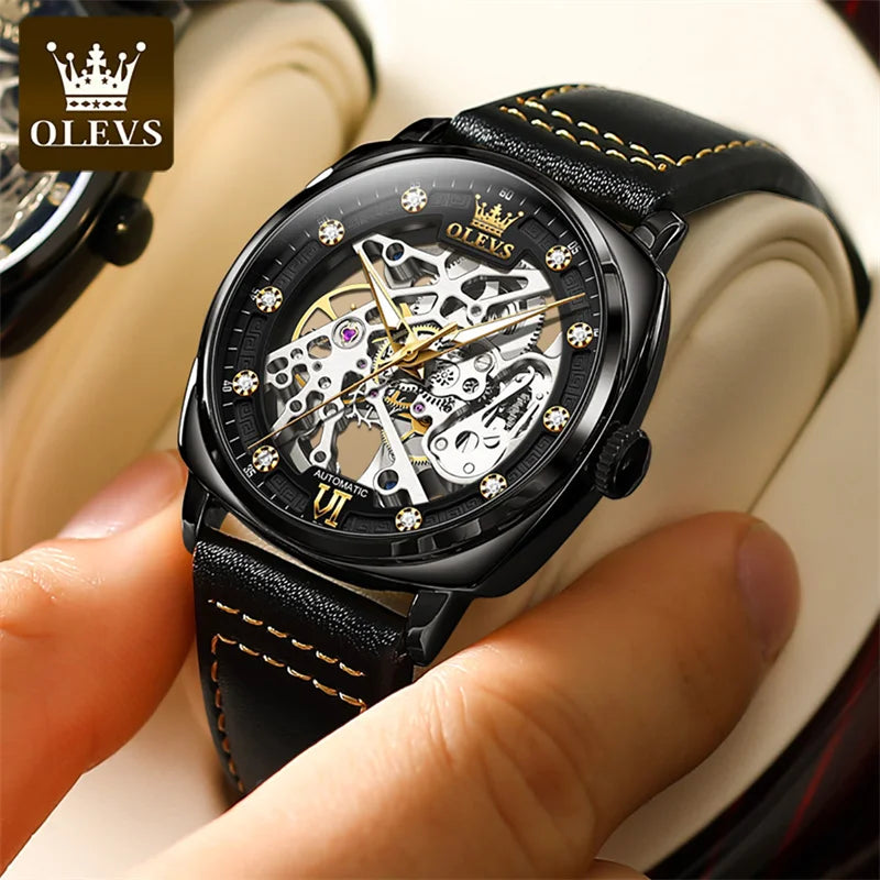 OLEVS Relógio Masculino Original Automático Esqueleto - Aço Inoxidável Couro 6651 40mm