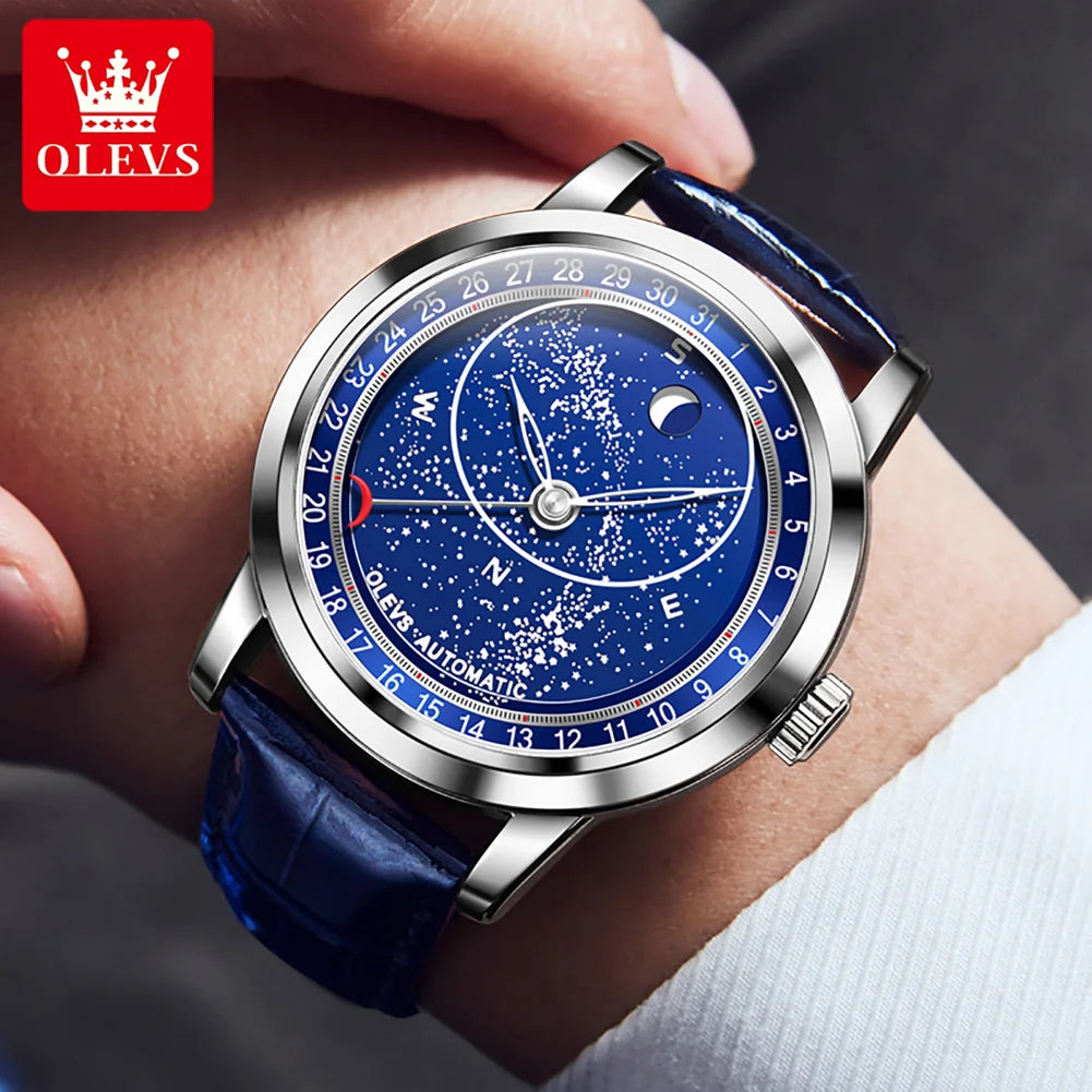 OLEVS Relógio Masculino Original Automático Céu Estrelado - Aço Inoxidável Couro 9923 43.5mm