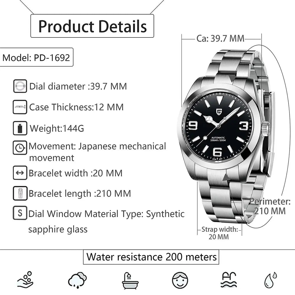 PAGANI DESIGN Relógio Masculino Automático PD-1692 - Pulseira de Aço Inoxidável 40mm