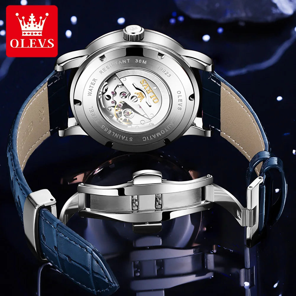OLEVS Relógio Masculino Original Automático Céu Estrelado - Aço Inoxidável Couro 9923 43.5mm