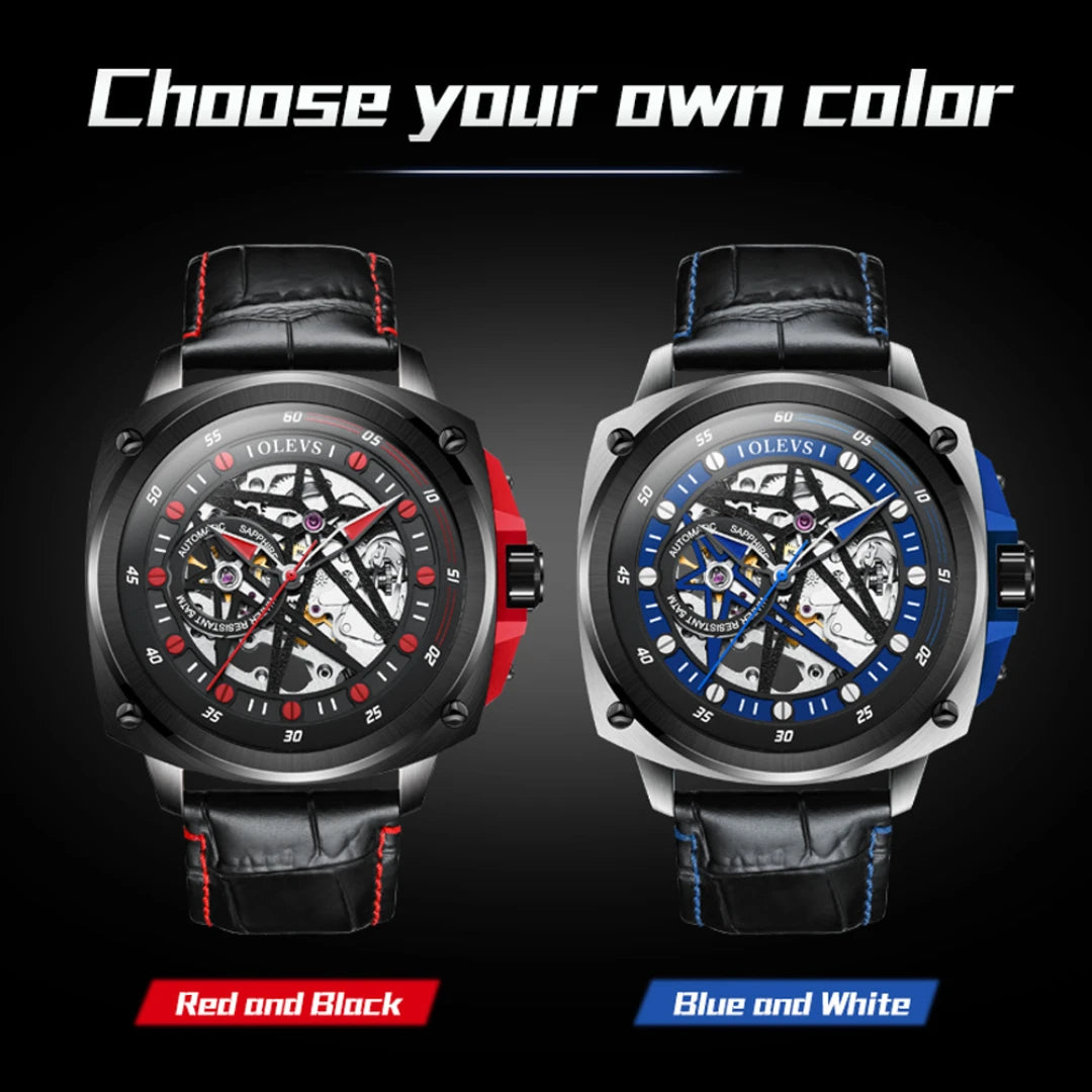OLEVS Relógio Masculino Original Automático Esqueleto - Couro 6682 44mm