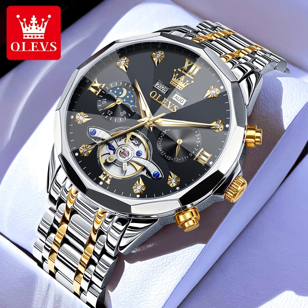 Relógio Masculino OLEVS Skeleton 6621 com Fase Lunar - Automático e Estiloso