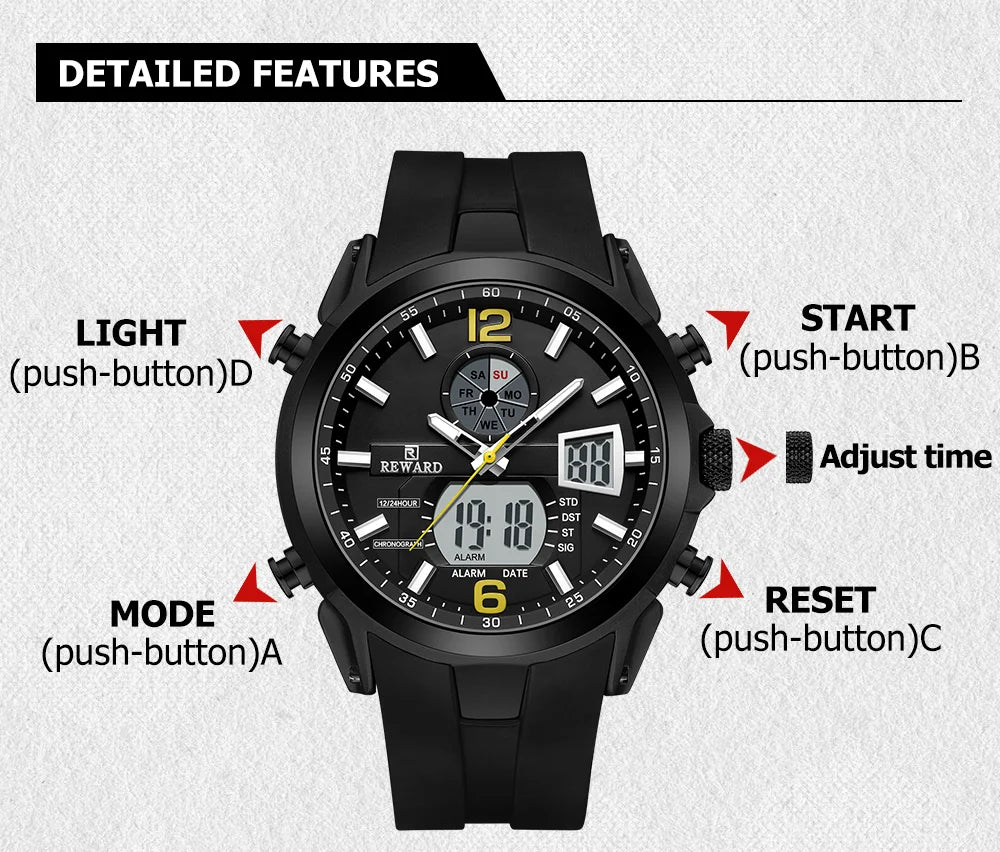 REWARD Relógio Digital Masculino RD53254M - Estilo Esportivo e Funcionalidade 48mm