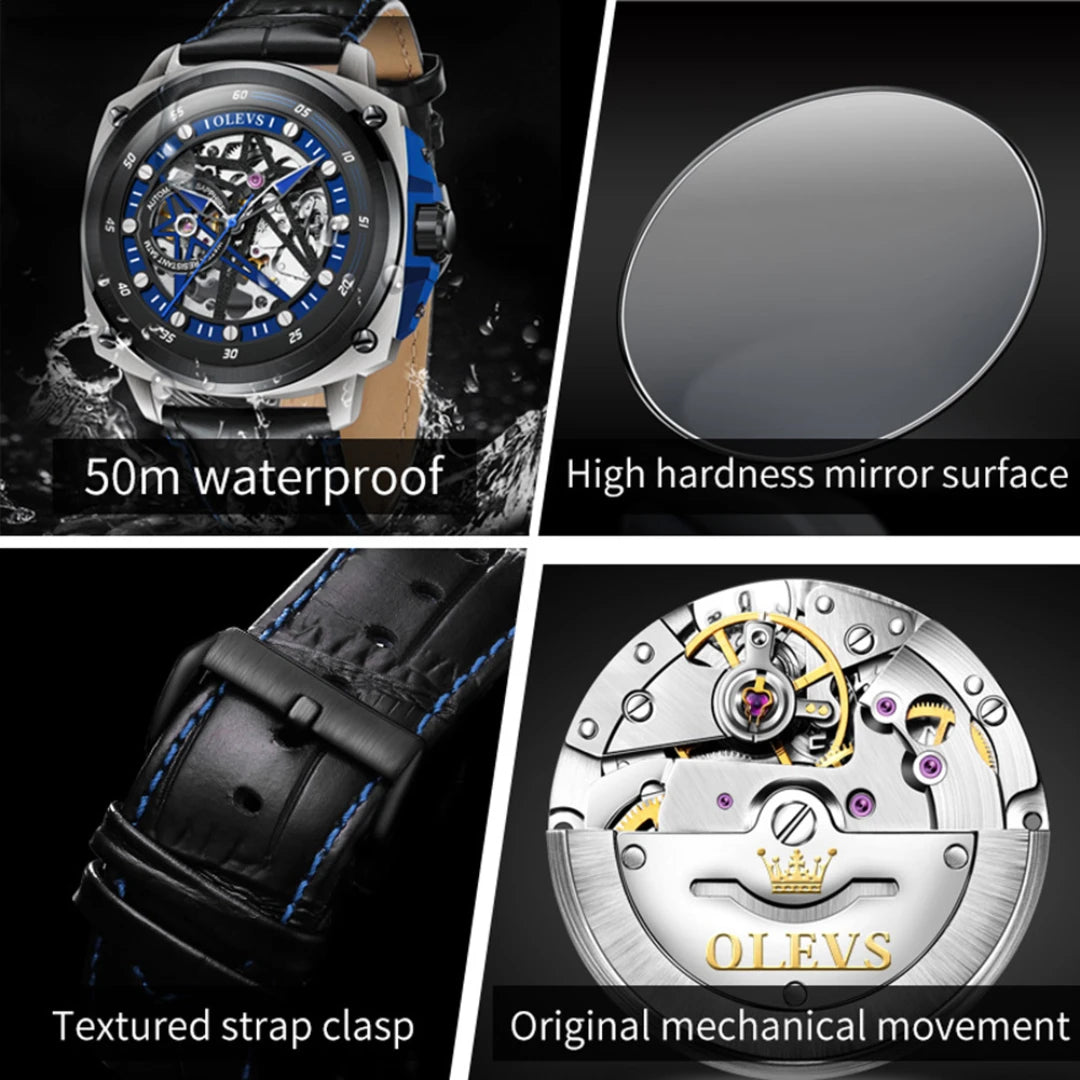OLEVS Relógio Masculino Original Automático Esqueleto - Couro 6682 44mm