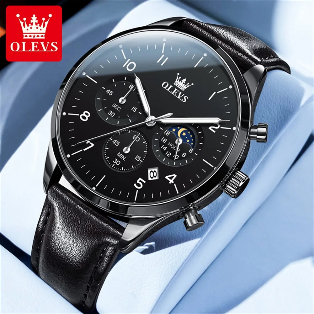 OLEVS Relógio Masculino Original Lunar Quartzo - Aço Inoxidável Couro 2882 42mm