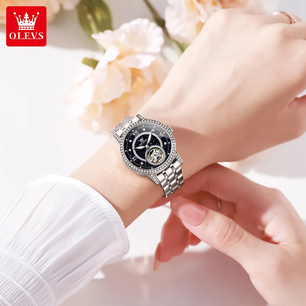 Relógio Feminino OLEVS 7036 Luxo com Diamantes e Esqueleto Mecânico
