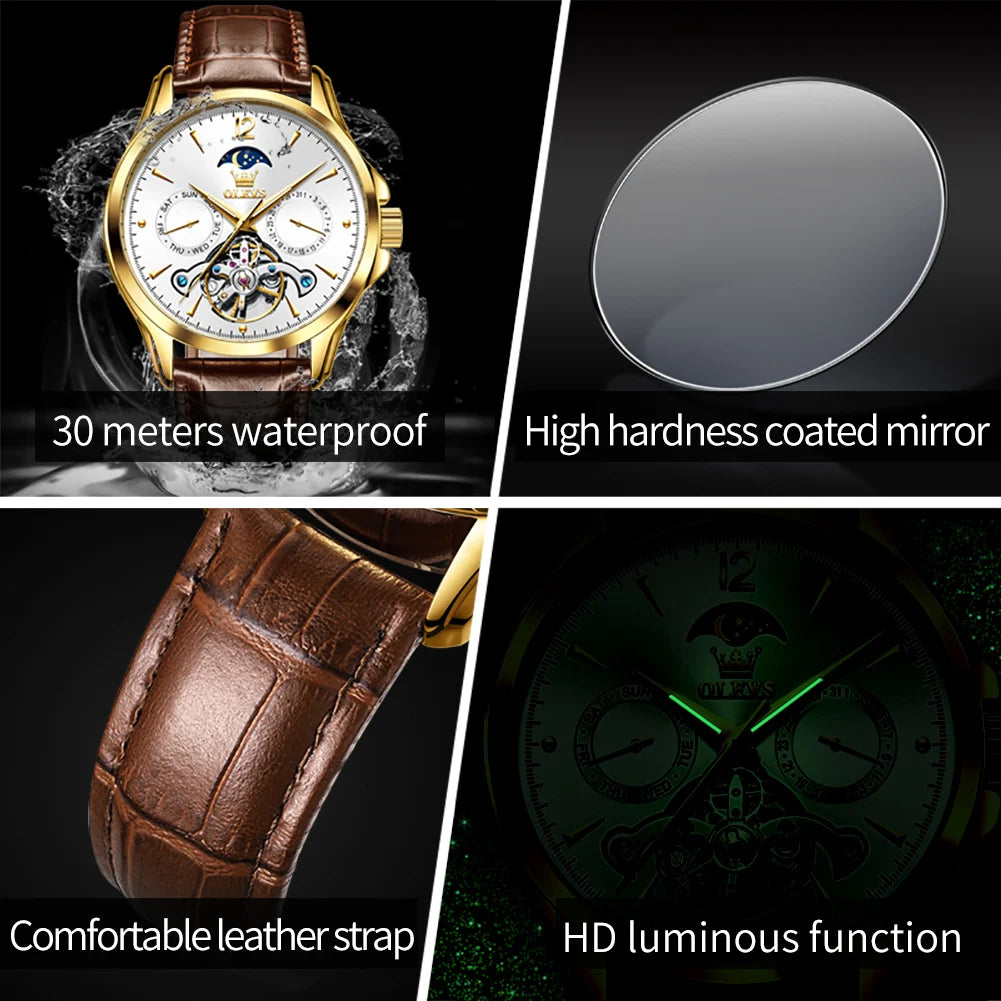OLEVS Relógio Masculino Original Automático - Aço Inoxidável Couro 6663 42mm