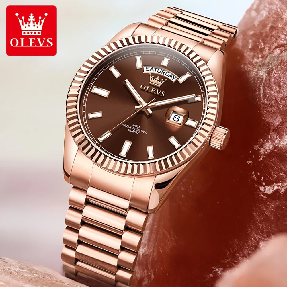 OLEVS Relógio Masculino Quartzo 5650 - Pulseira de Aço Inoxidável Rose Gold 42mm