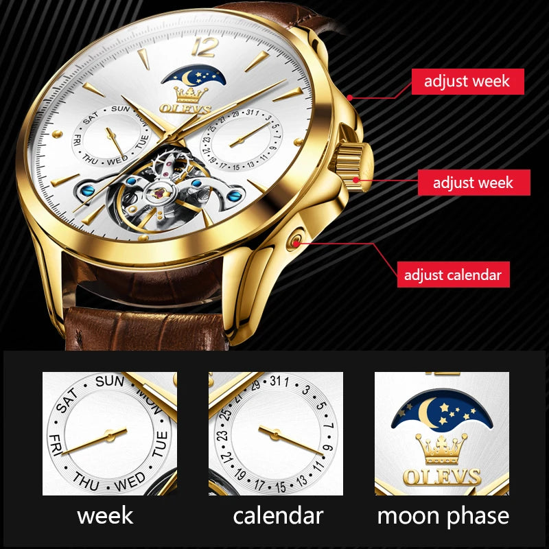 OLEVS Relógio Masculino Original Automático - Aço Inoxidável Couro 6663 42mm
