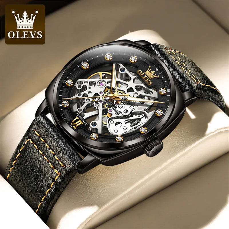 OLEVS Relógio Masculino Original Automático Esqueleto - Aço Inoxidável Couro 6651 40mm