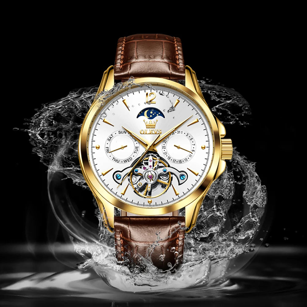 OLEVS Relógio Masculino Original Automático - Aço Inoxidável Couro 6663 42mm