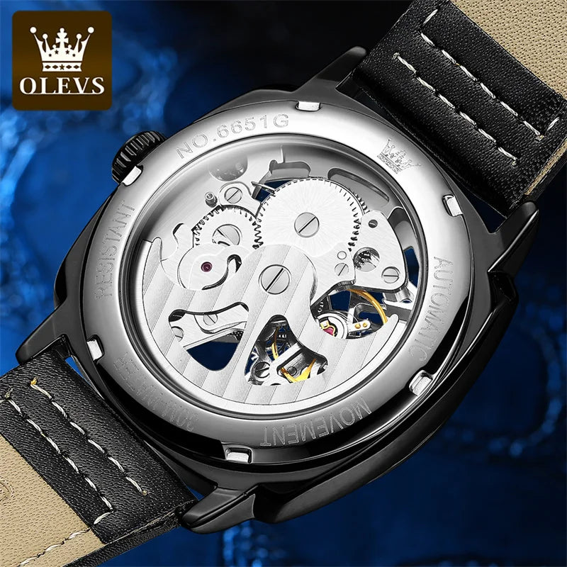OLEVS Relógio Masculino Original Automático Esqueleto - Aço Inoxidável Couro 6651 40mm