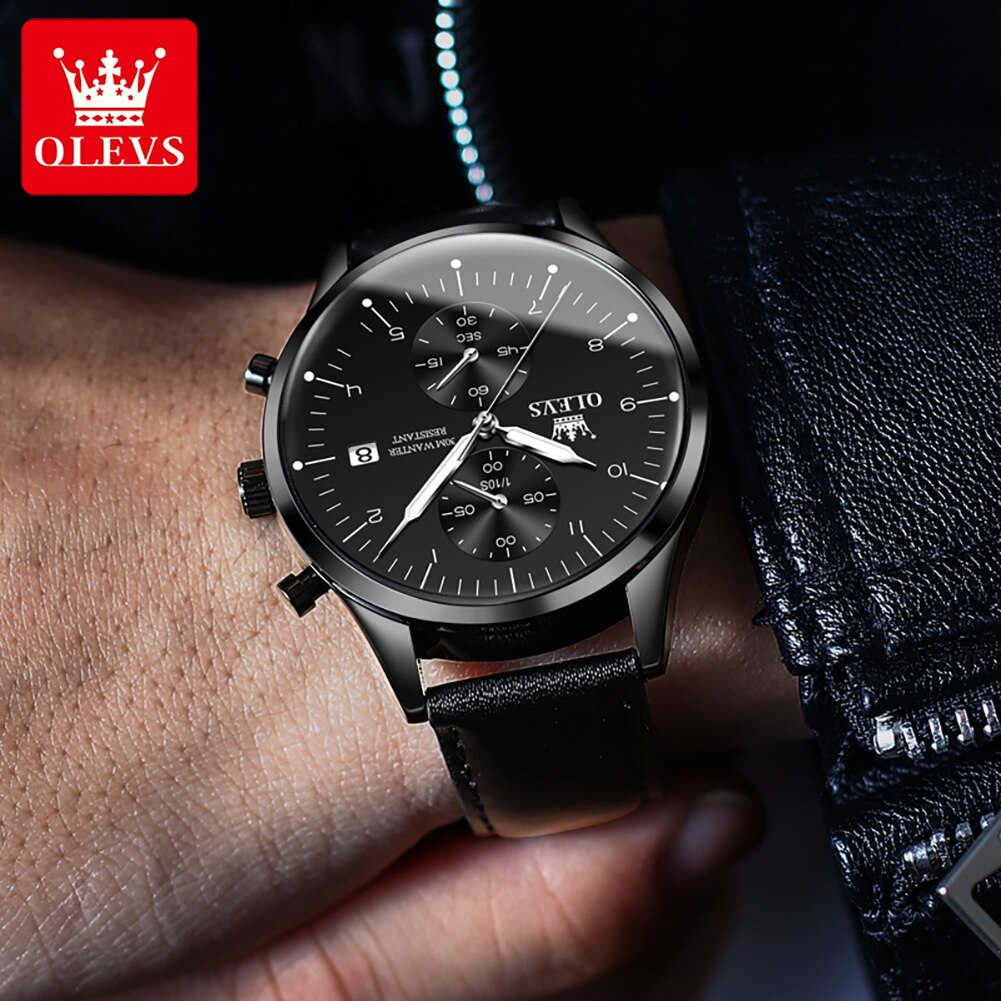 OLEVS Relógio Masculino Original Quartzo à Prova D'água - Aço Inoxidável Couro 2880 42mm