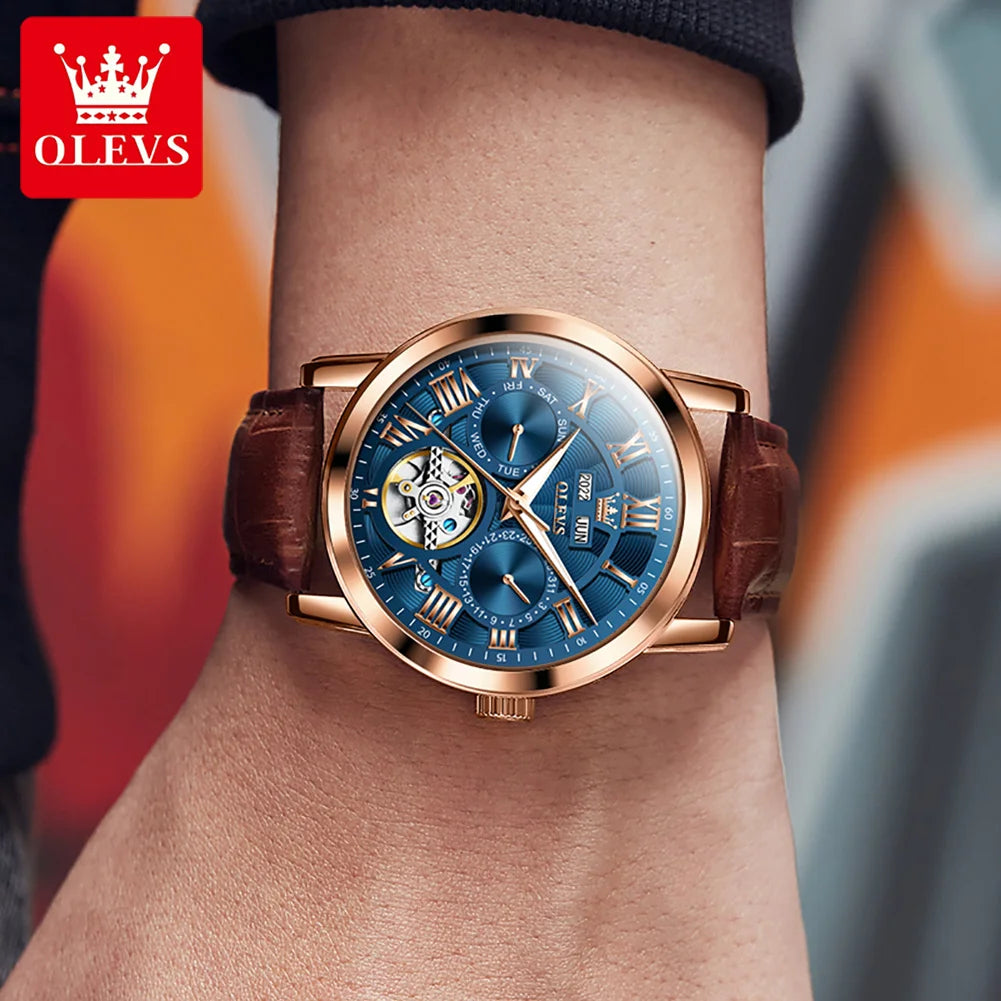OLEVS Relógio Masculino Original Automático Esqueleto - Couro 6668 42mm