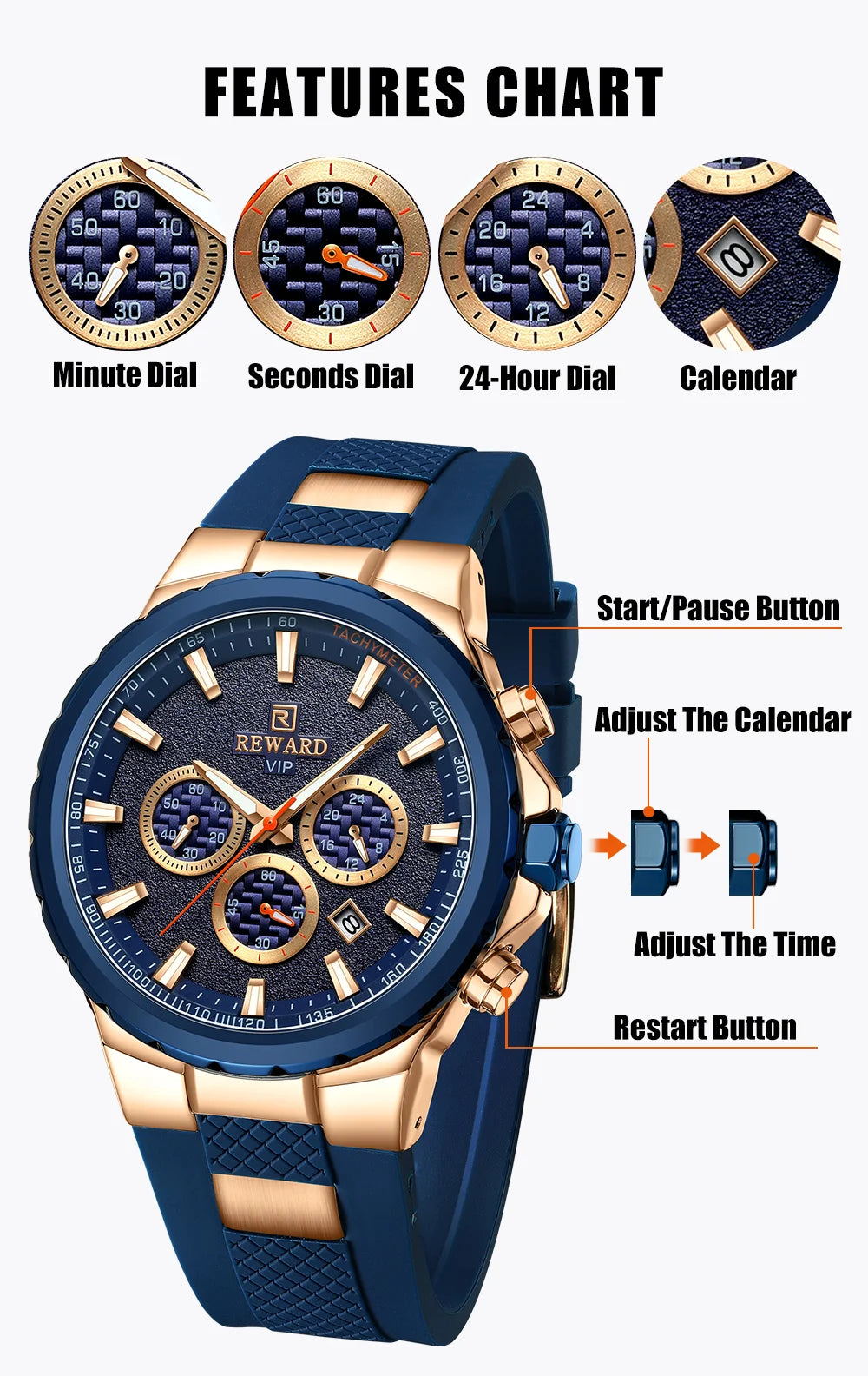 REWARD Relógio Masculino Quartzo RD832051M - Estilo Esportivo e Funcionalidade 45-49mm