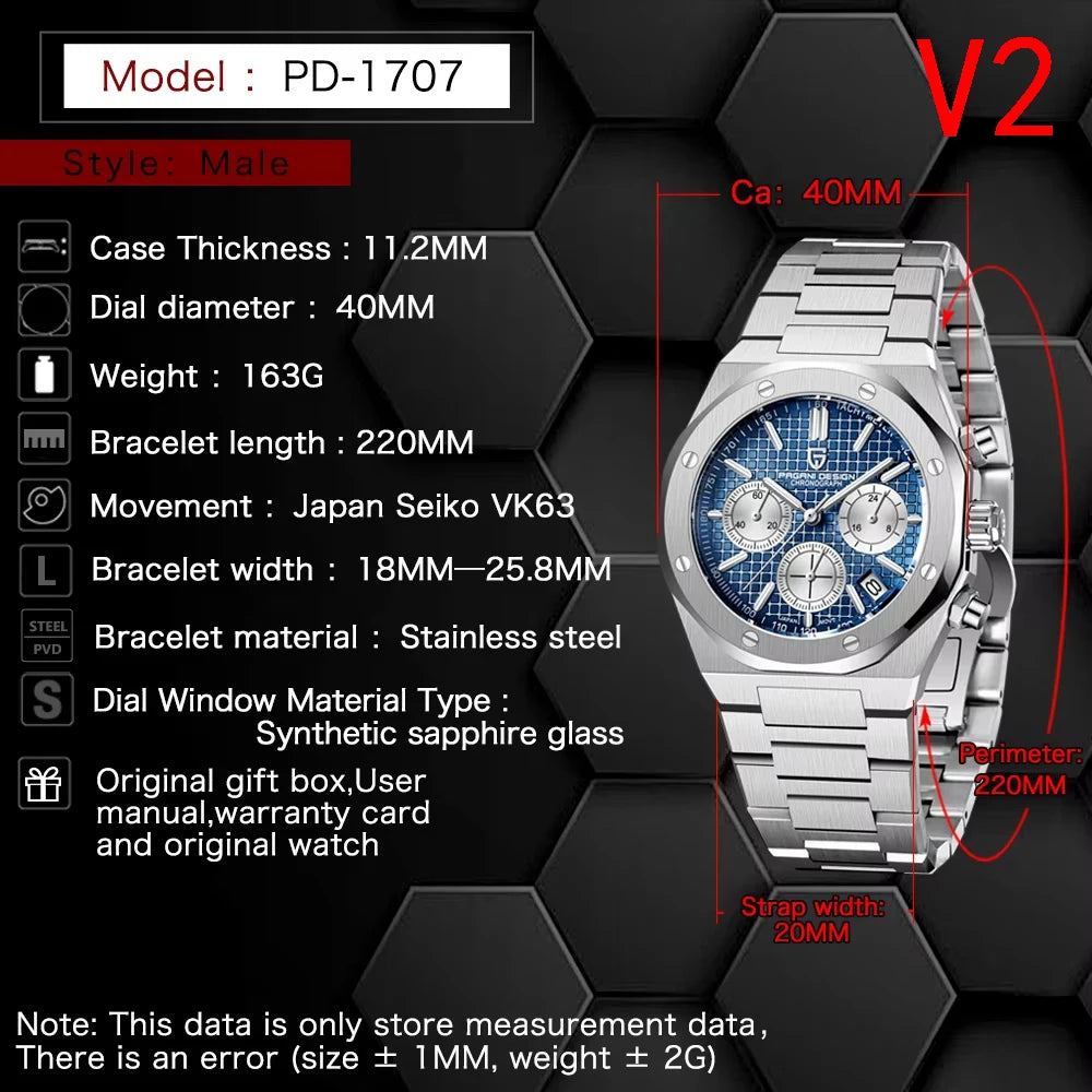 PAGANI DESIGN Relógio Masculino Quartzo PD1707 - Pulseira de Aço Inoxidável 40mm