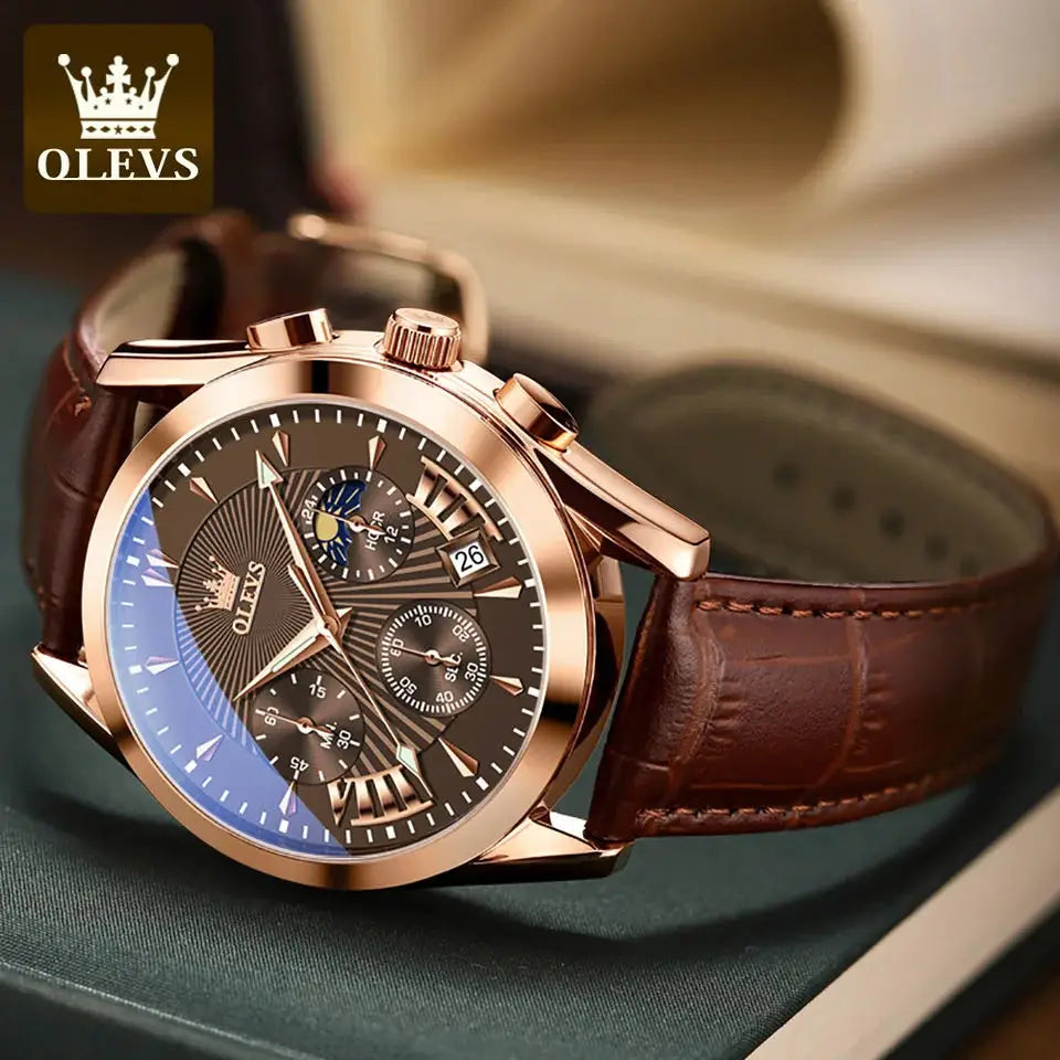 OLEVS Relógio Masculino Original Quartzo - Aço Inoxidável Couro 2876 40mm