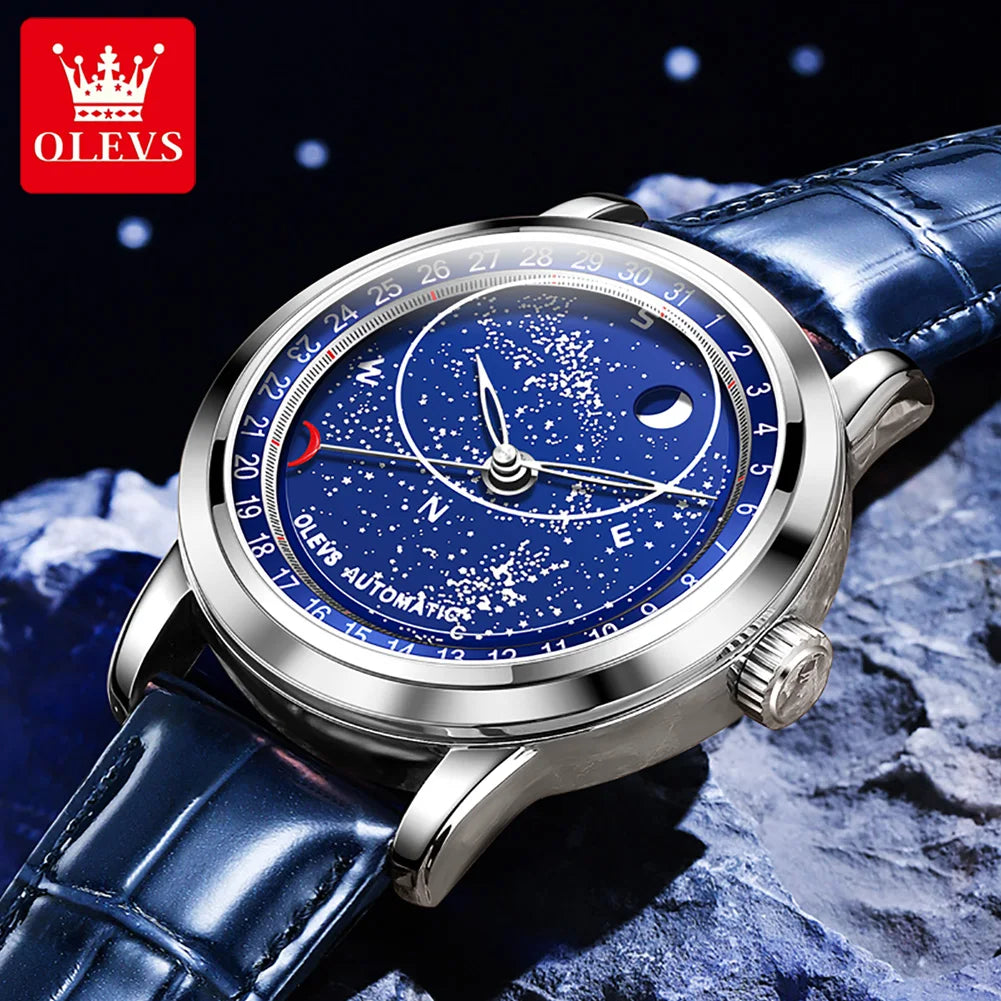 OLEVS Relógio Masculino Original Automático Céu Estrelado - Aço Inoxidável Couro 9923 43.5mm