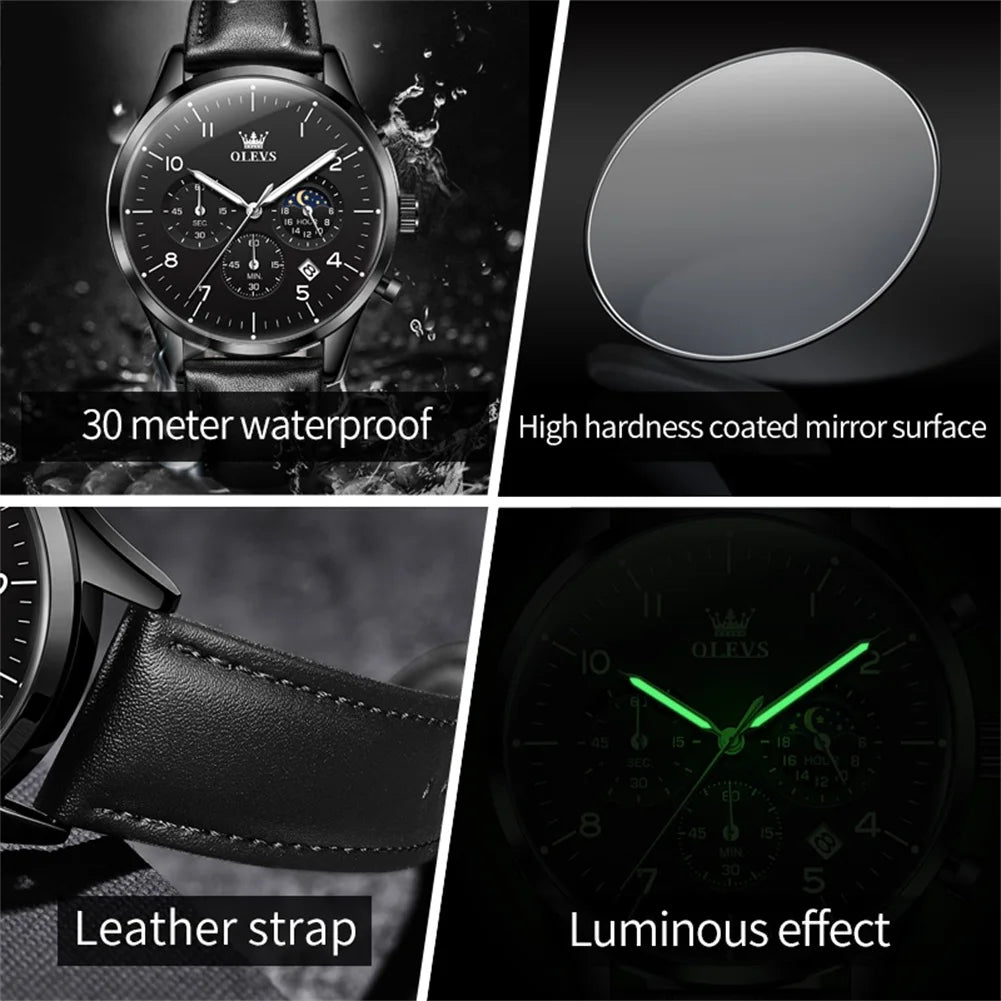 OLEVS Relógio Masculino Original Lunar Quartzo - Aço Inoxidável Couro 2882 42mm