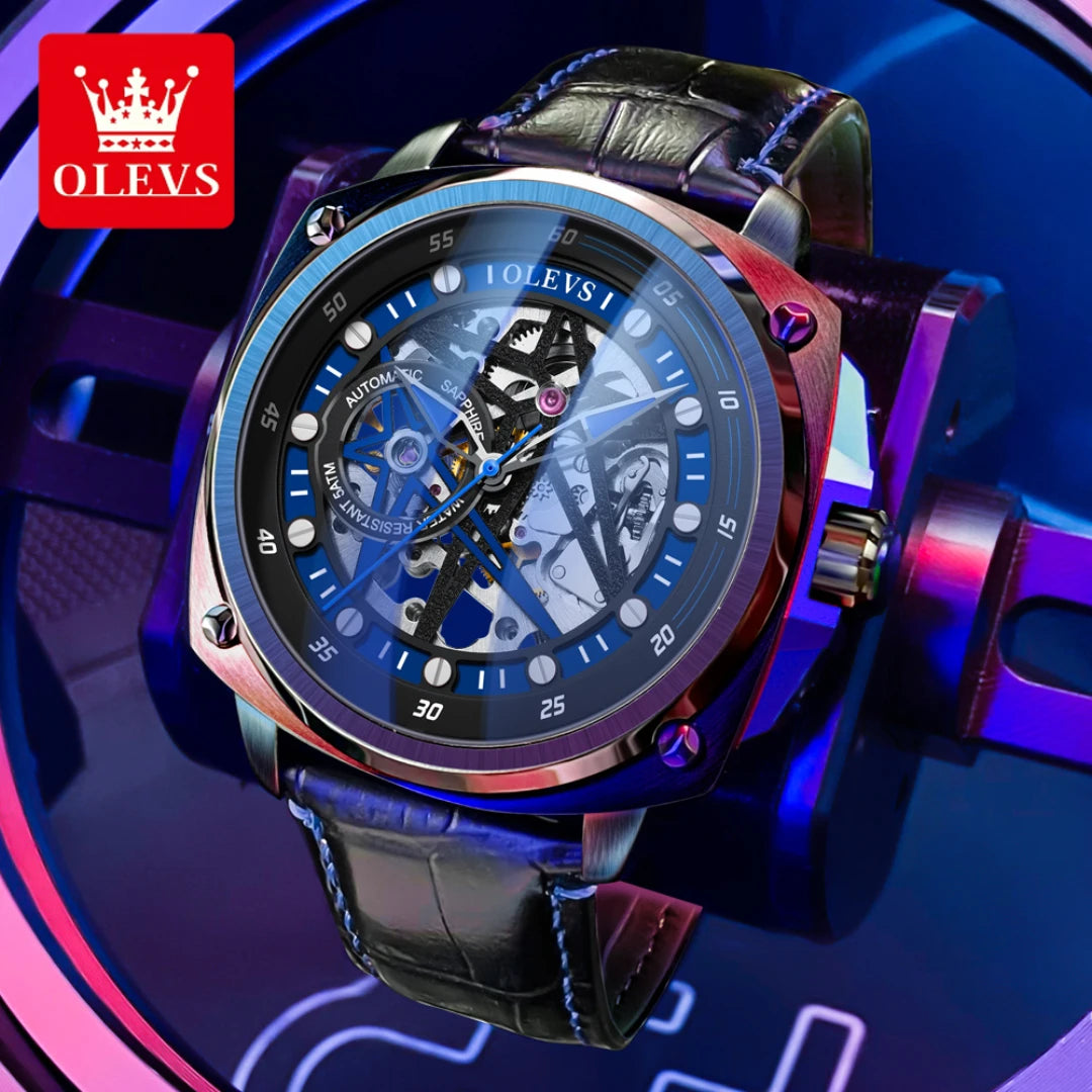 OLEVS Relógio Masculino Original Automático Esqueleto - Couro 6682 44mm