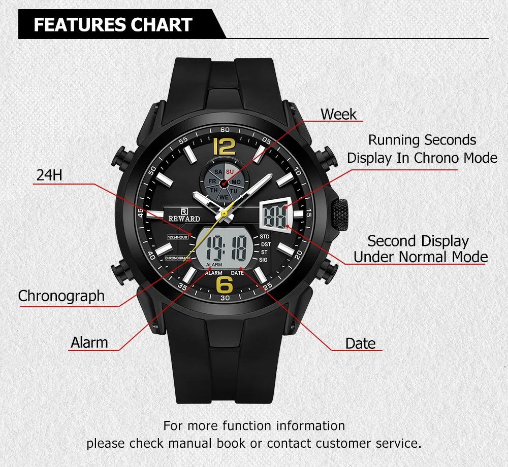REWARD Relógio Digital Masculino RD53254M - Estilo Esportivo e Funcionalidade 48mm
