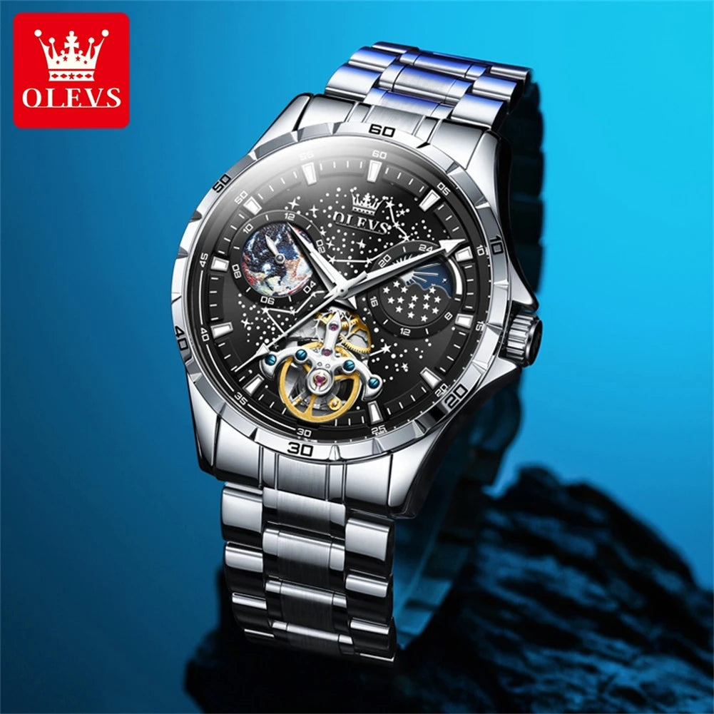 OLEVS Relógio Masculino Original Automático Céu Estrelado - Aço Inoxidável Couro 6689 42mm