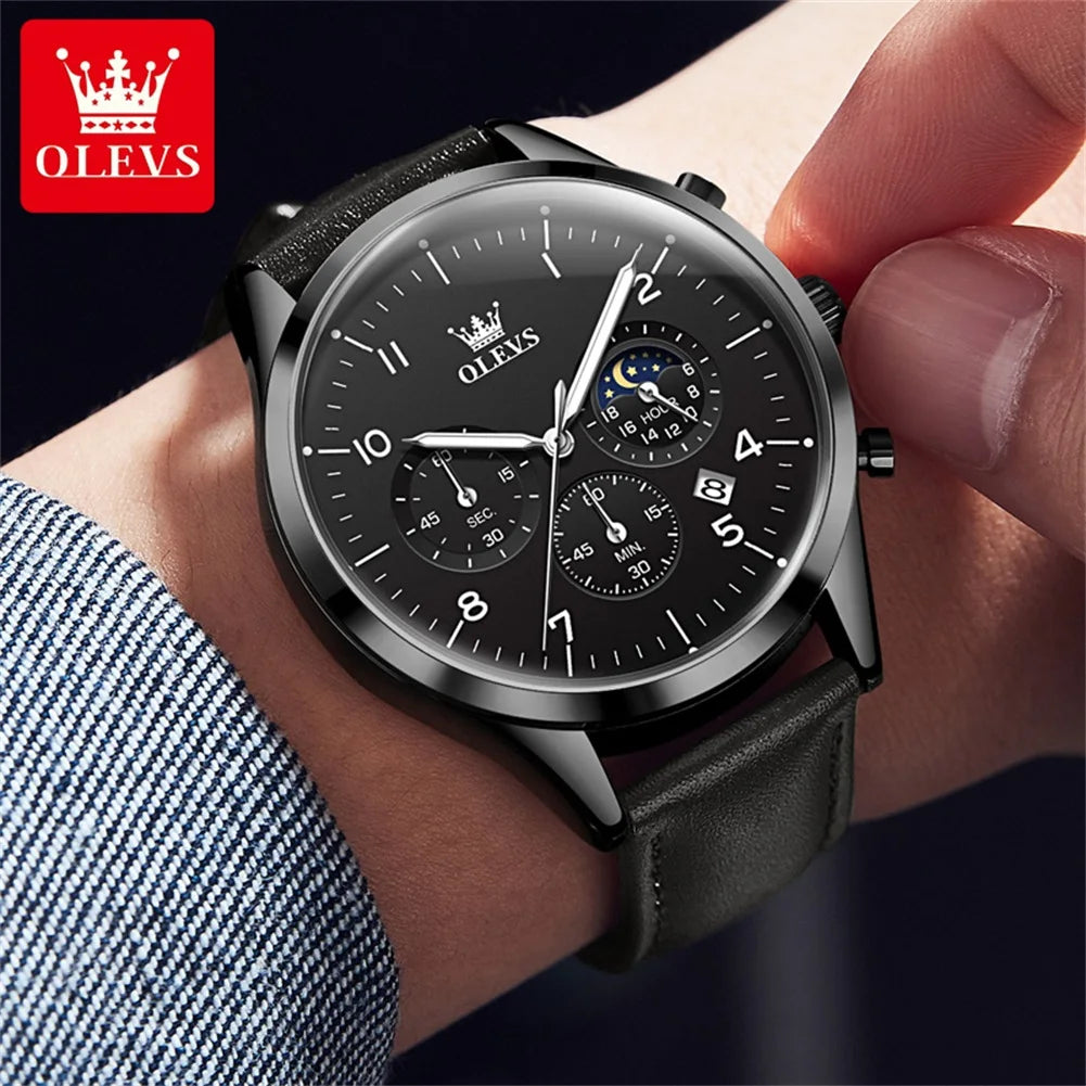 OLEVS Relógio Masculino Original Lunar Quartzo - Aço Inoxidável Couro 2882 42mm