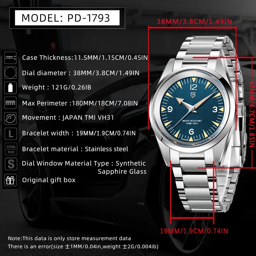 PAGANI DESIGN Relógio Masculino Quartzo PD-1793 - Pulseira de Aço Inoxidável 37mm