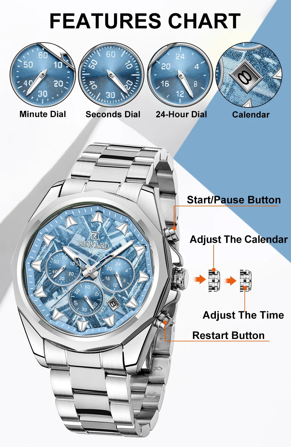 REWARD Relógio Masculino Quartzo RD812052M - Luxo e Funcionalidade 45-49mm