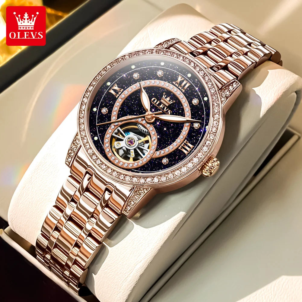 Relógio Feminino OLEVS 7036 Luxo com Diamantes e Esqueleto Mecânico