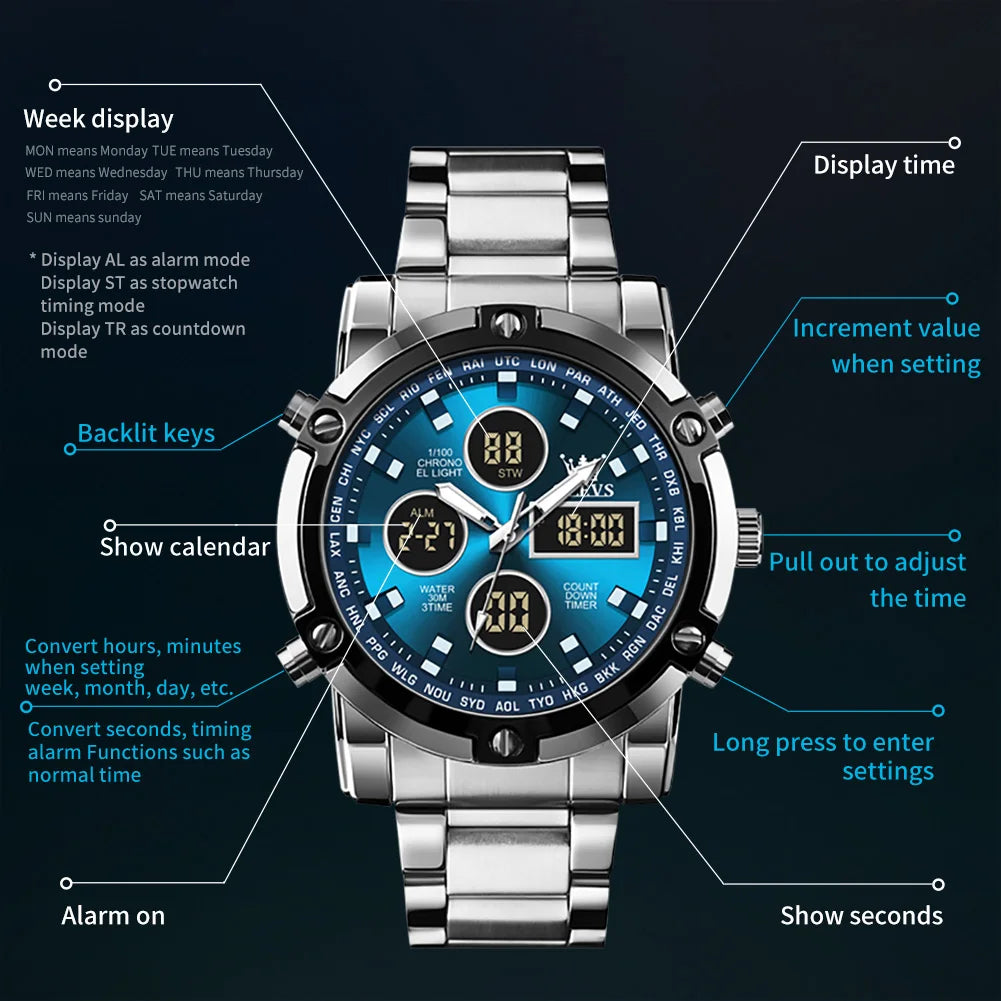 OLEVS Relógio Masculino Original Digital Quartzo Aço Inoxidável 1106 48mm