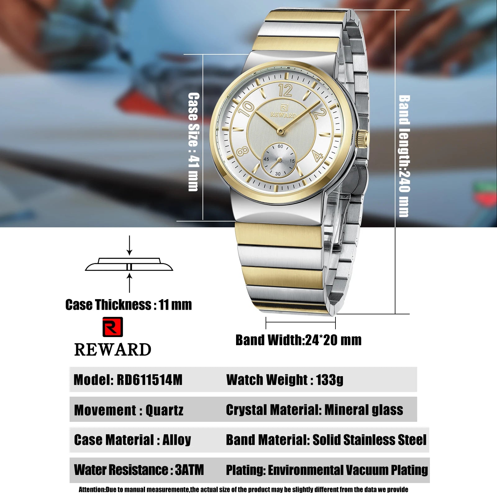 REWARD Relógio Masculino Quartzo RD611514M - Aço Inoxidável Elegante 41mm