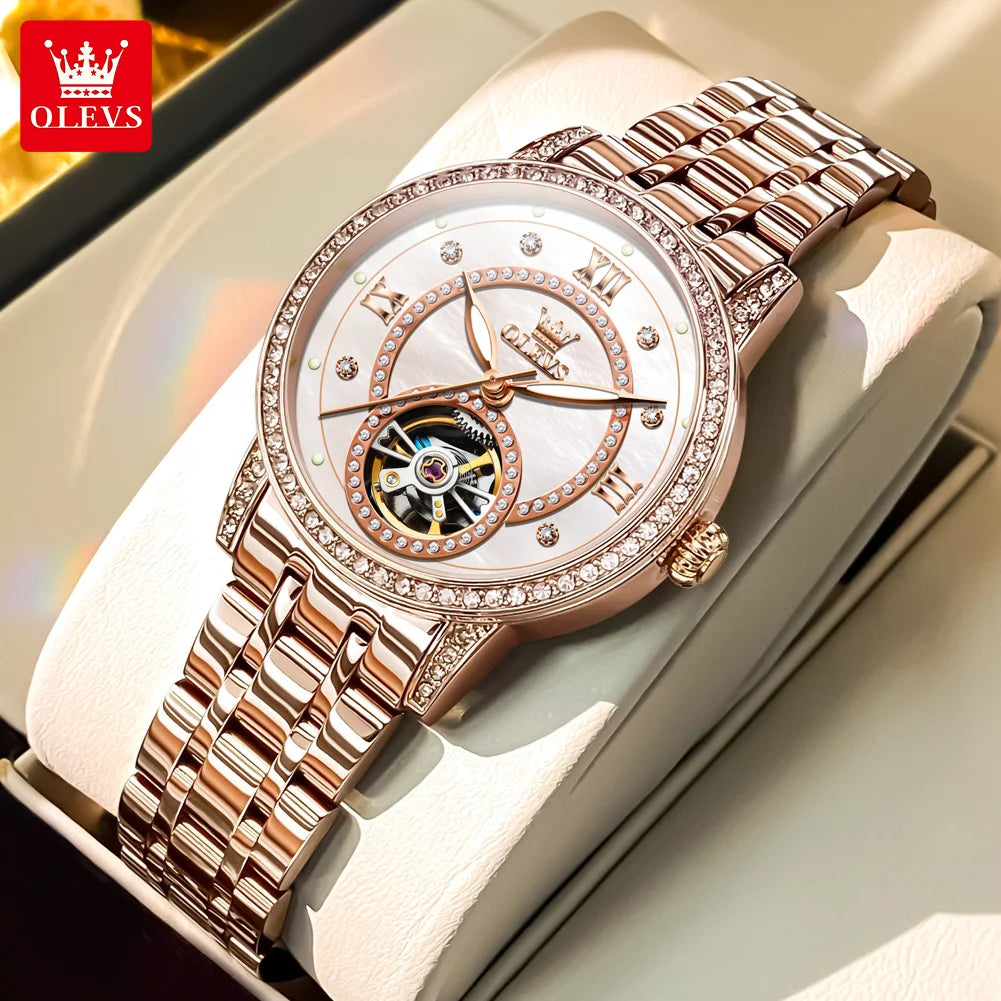 Relógio Feminino OLEVS 7036 Luxo com Diamantes e Esqueleto Mecânico