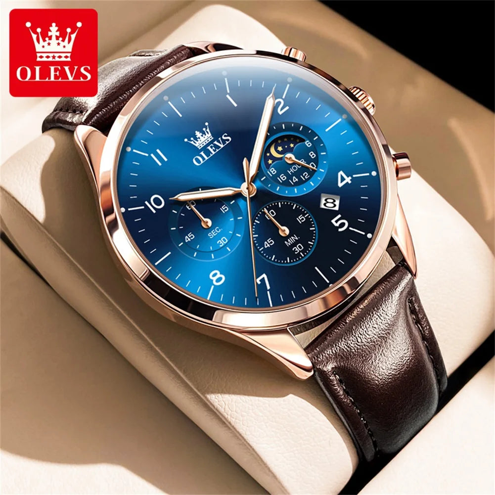 OLEVS Relógio Masculino Original Lunar Quartzo - Aço Inoxidável Couro 2882 42mm