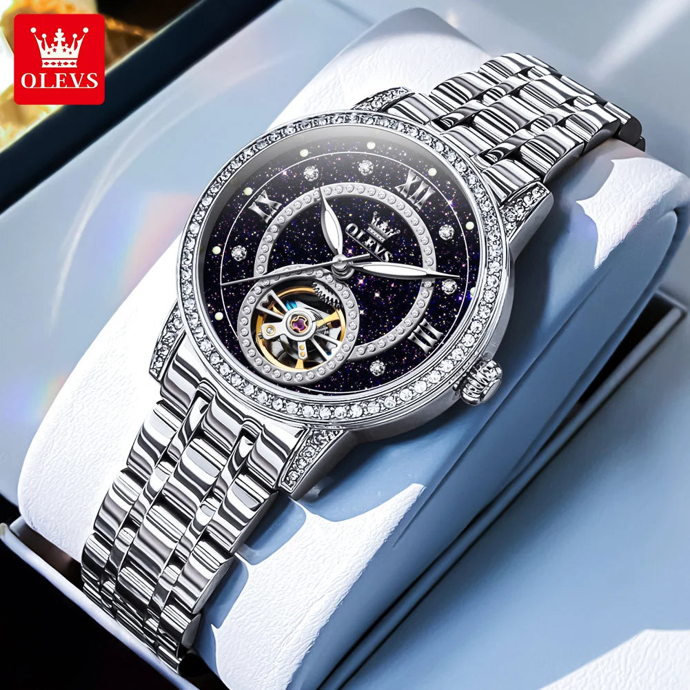 Relógio Feminino OLEVS 7036 Luxo com Diamantes e Esqueleto Mecânico