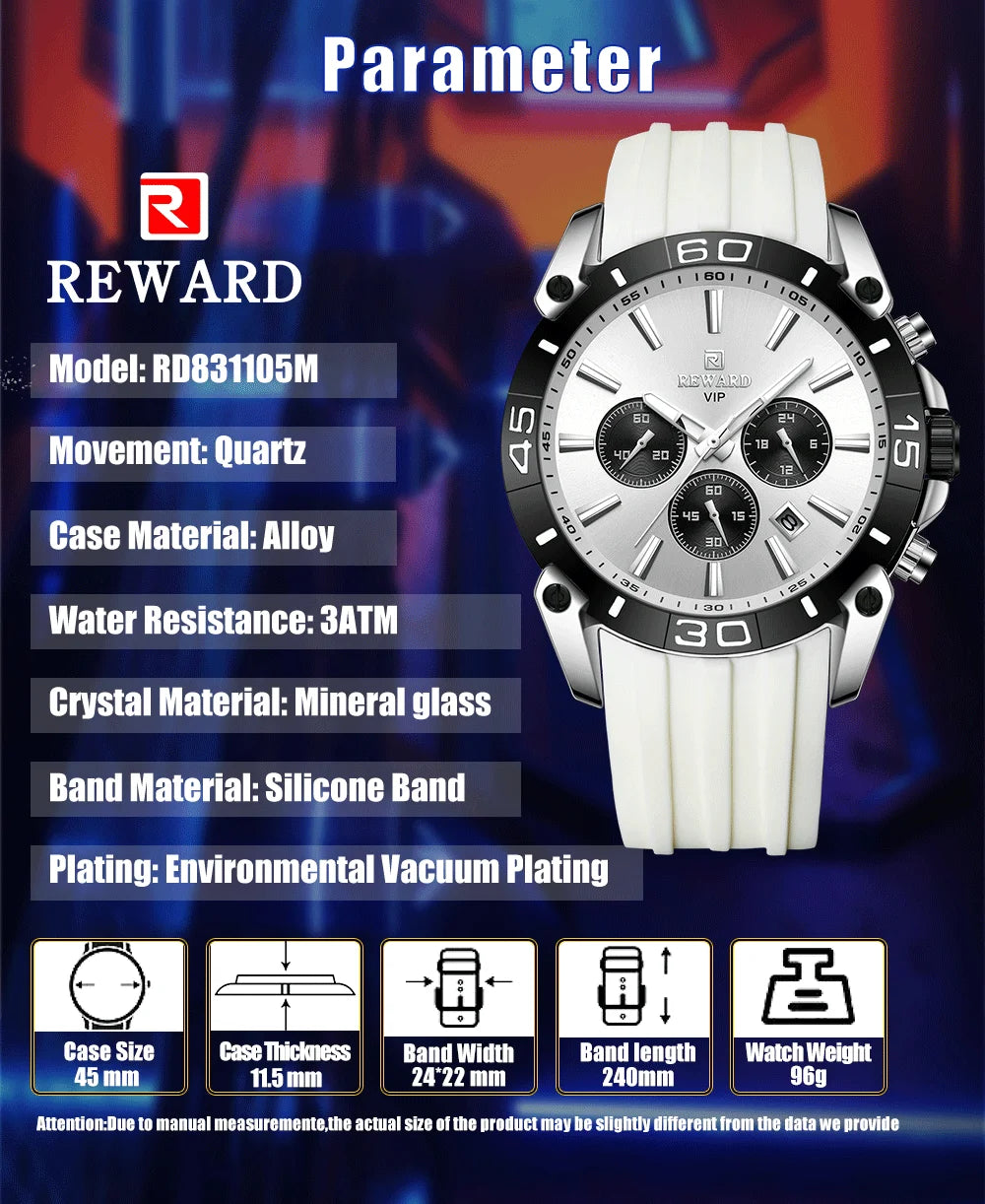 REWARD Relógio Masculino Quartzo RD831105M - Estilo Moderno e Funcionalidade 45mm