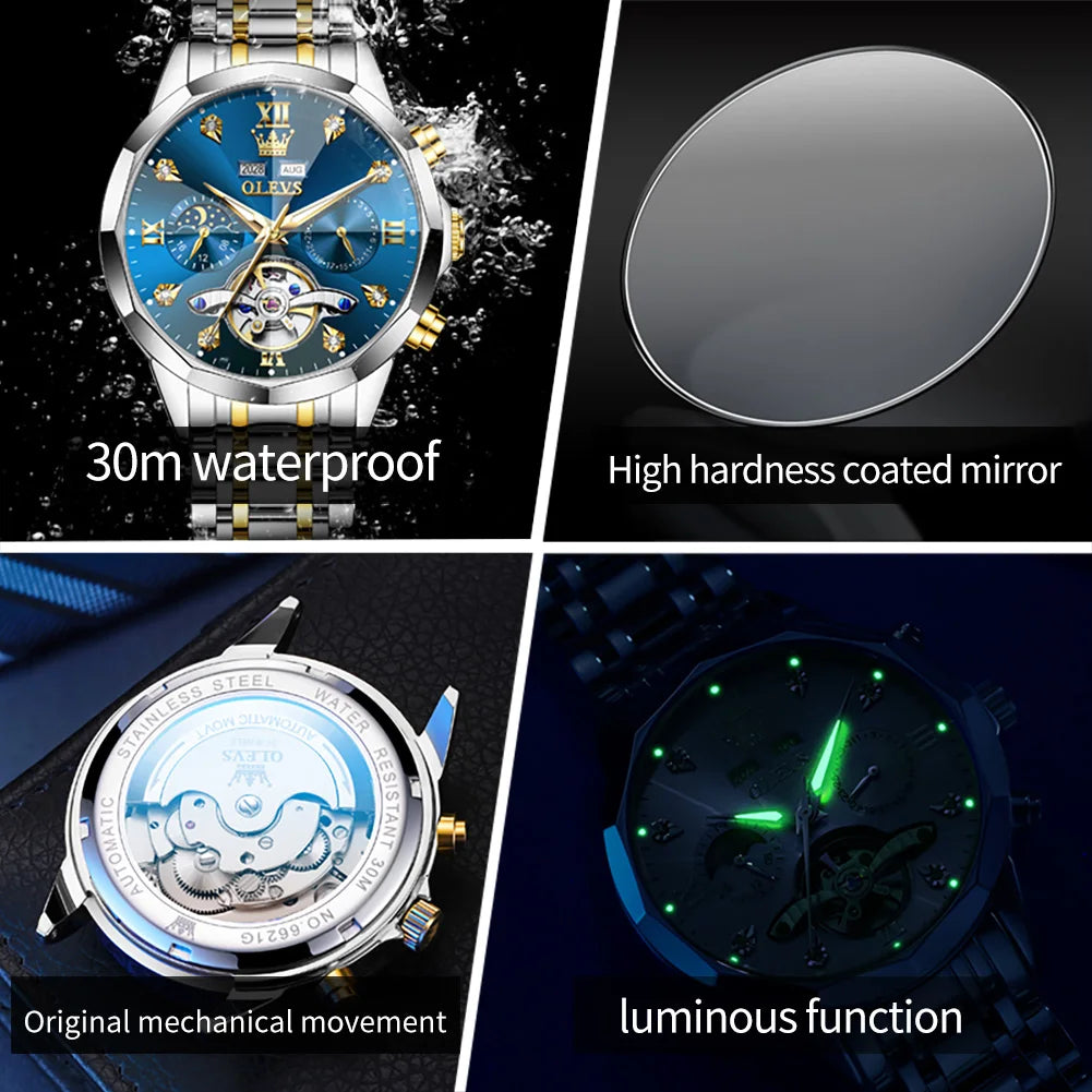 Relógio Masculino OLEVS Skeleton 6621 com Fase Lunar - Automático e Estiloso