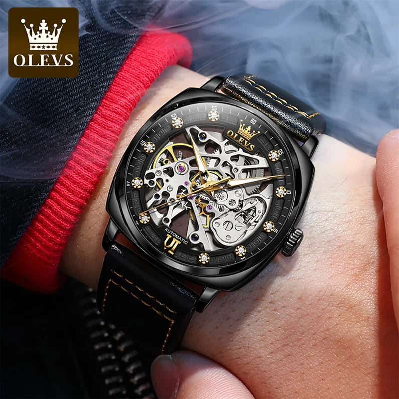 OLEVS Relógio Masculino Original Automático Esqueleto - Aço Inoxidável Couro 6651 40mm
