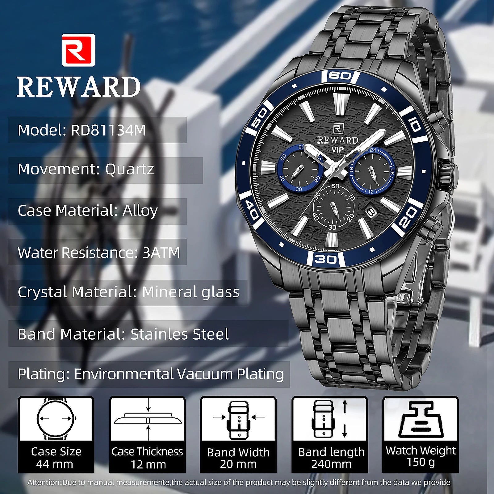 REWARD Relógio Masculino Quartzo RD81134M - Estilo Esportivo e Funcionalidade 35mm