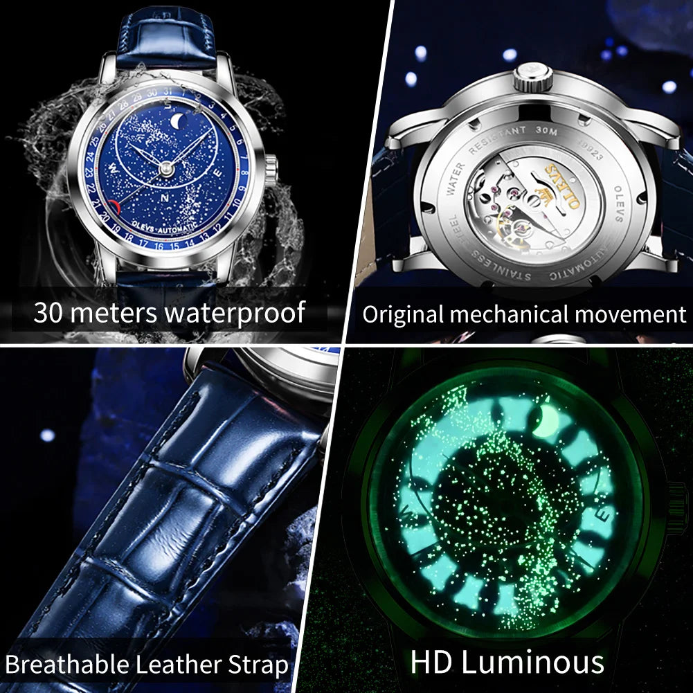 OLEVS Relógio Masculino Original Automático Céu Estrelado - Aço Inoxidável Couro 9923 43.5mm