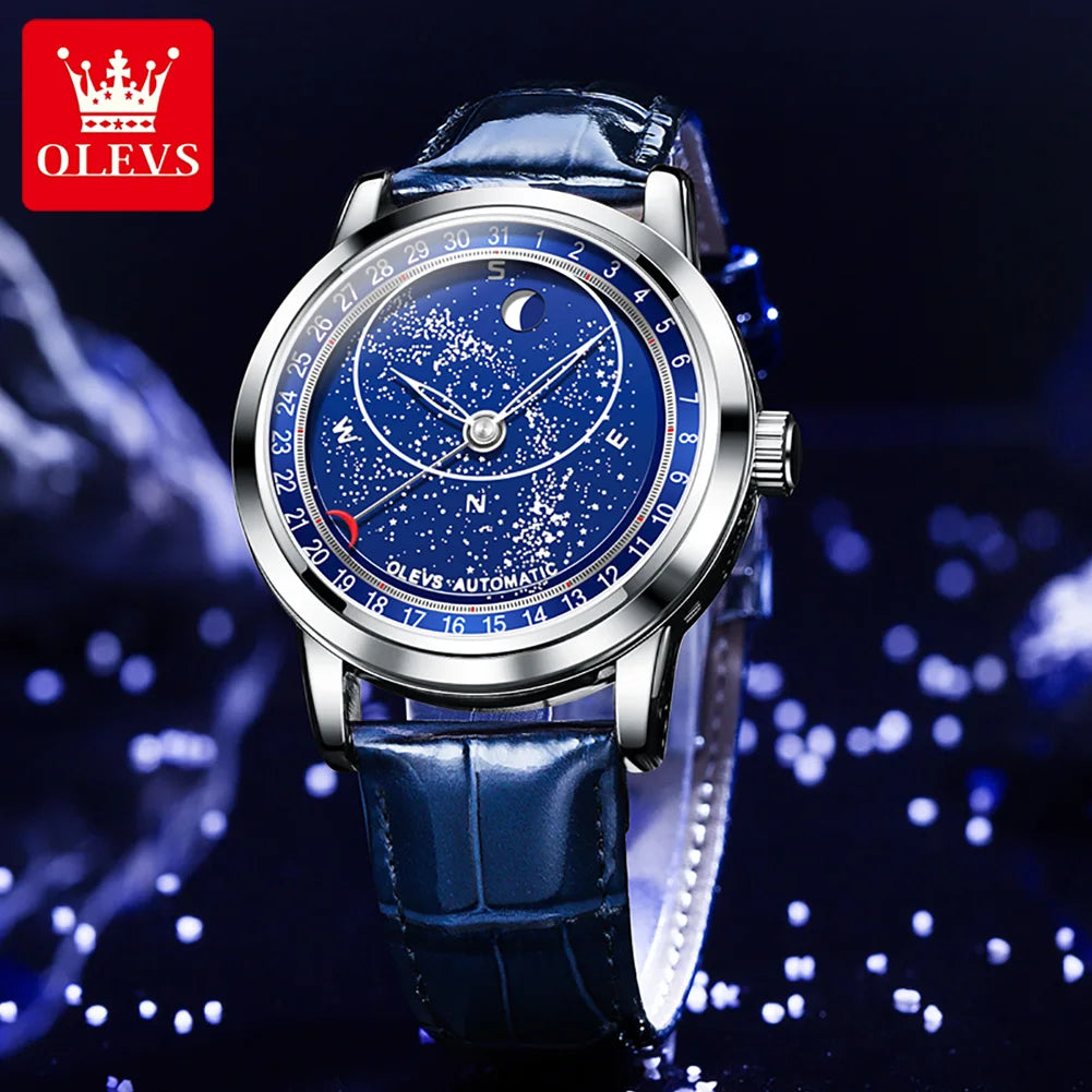 OLEVS Relógio Masculino Original Automático Céu Estrelado - Aço Inoxidável Couro 9923 43.5mm