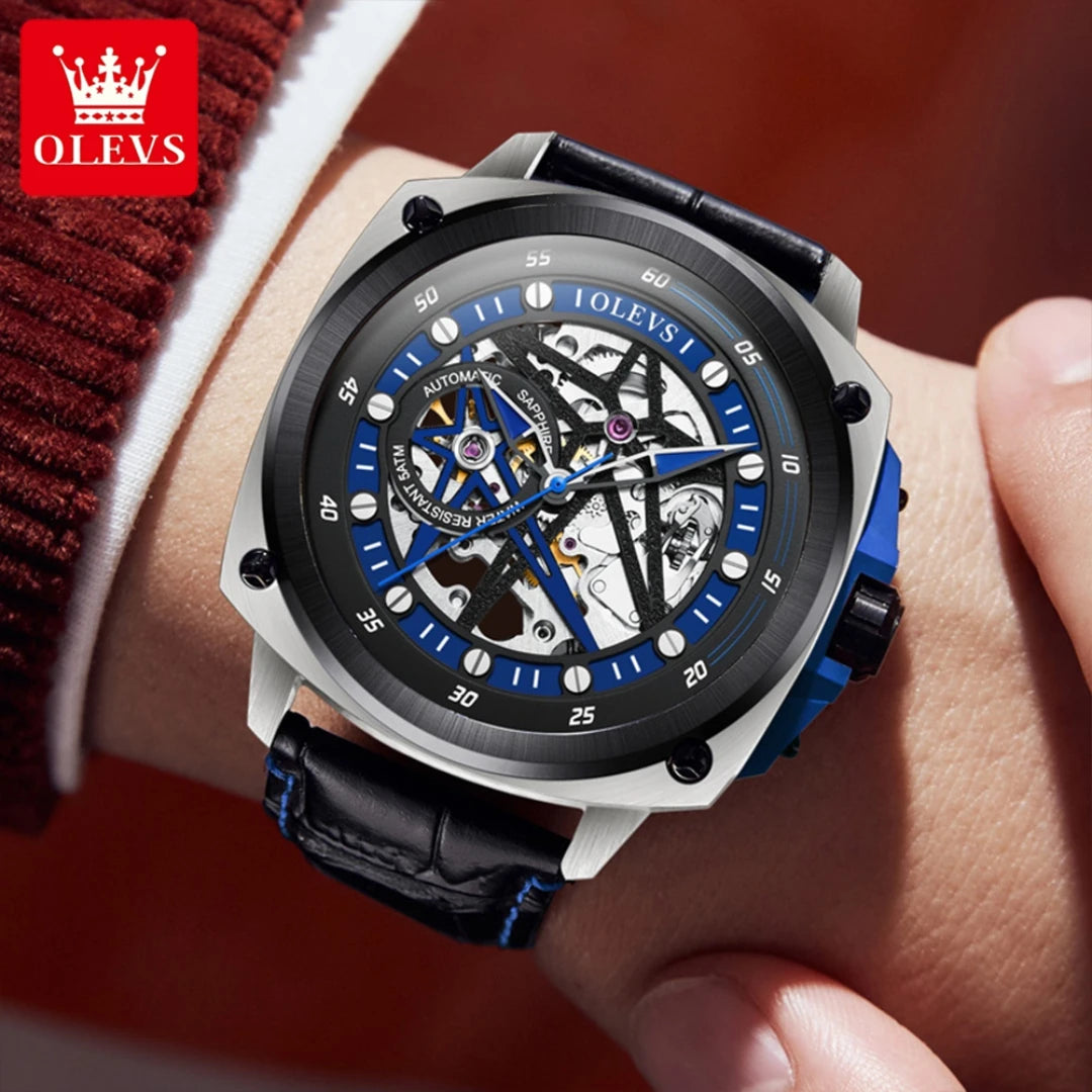 OLEVS Relógio Masculino Original Automático Esqueleto - Couro 6682 44mm
