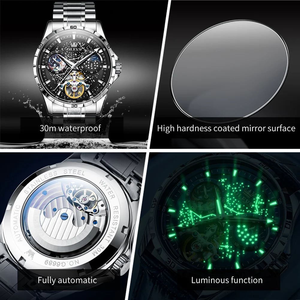 OLEVS Relógio Masculino Original Automático Céu Estrelado - Aço Inoxidável Couro 6689 42mm
