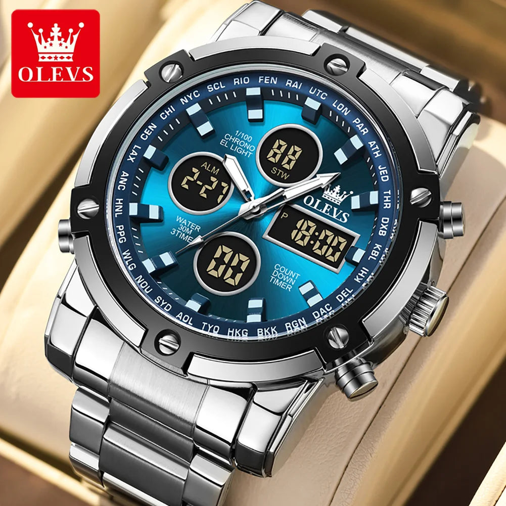 OLEVS Relógio Masculino Original Digital Quartzo Aço Inoxidável 1106 48mm