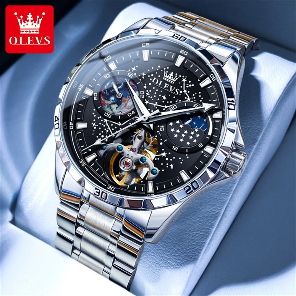 OLEVS Relógio Masculino Original Automático Céu Estrelado - Aço Inoxidável Couro 6689 42mm