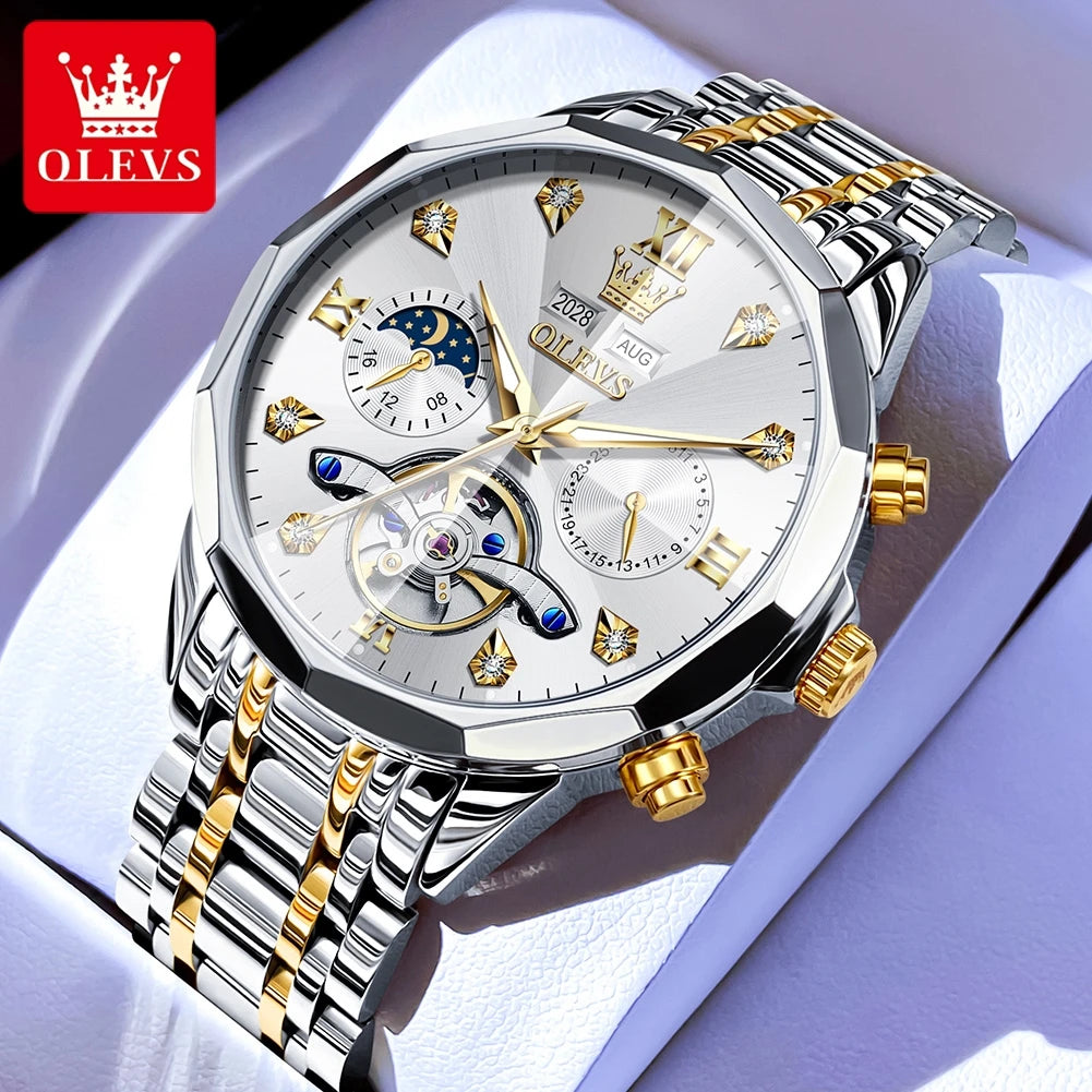 Relógio Masculino OLEVS Skeleton 6621 com Fase Lunar - Automático e Estiloso