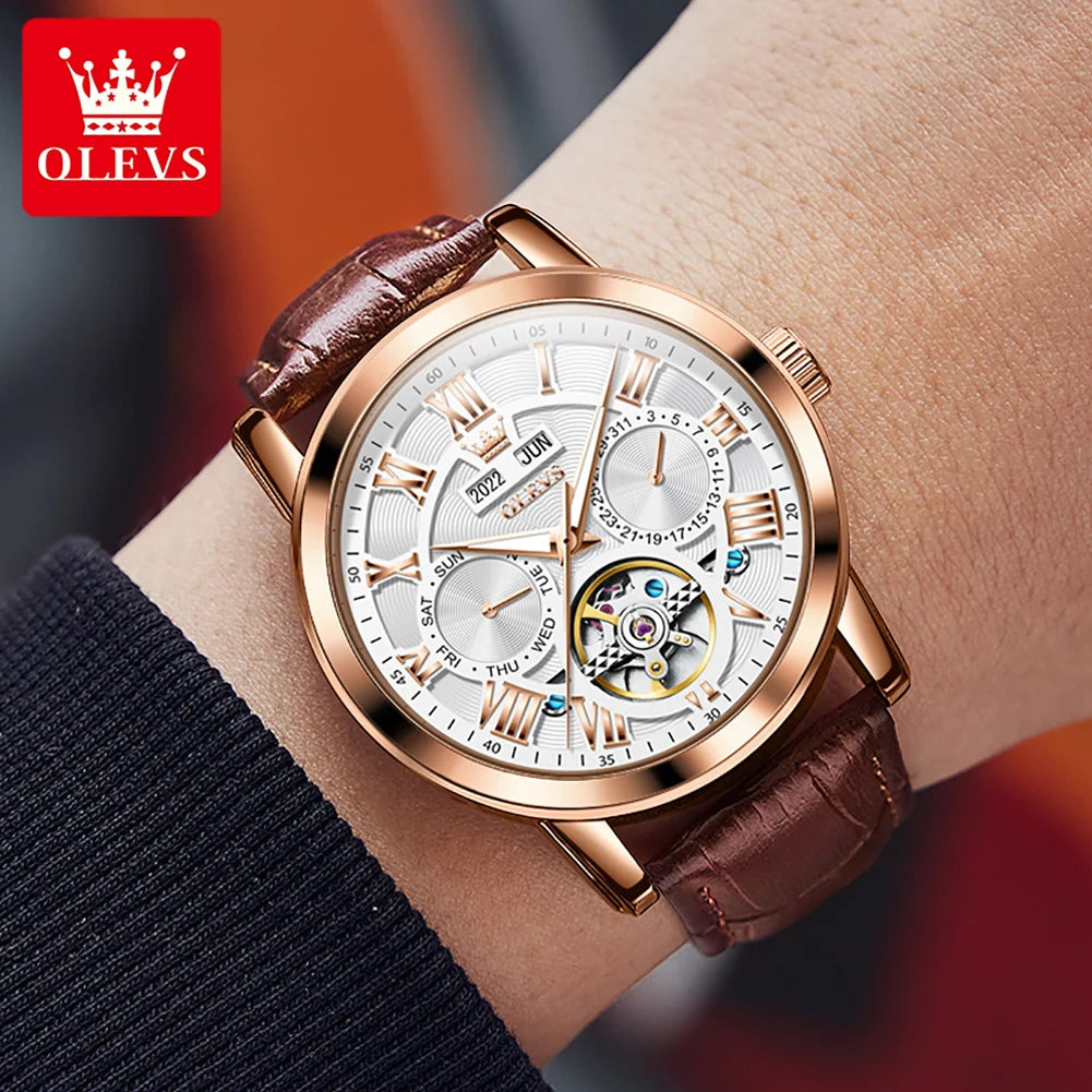 OLEVS Relógio Masculino Original Automático Esqueleto - Couro 6668 42mm