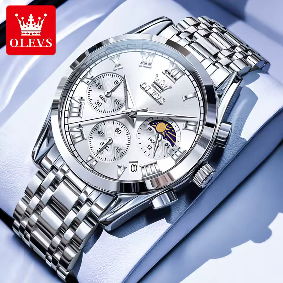 OLEVS Relógio Masculino Original Quartzo à Prova D'água - Aço Inoxidável e Couro 2871 40mm